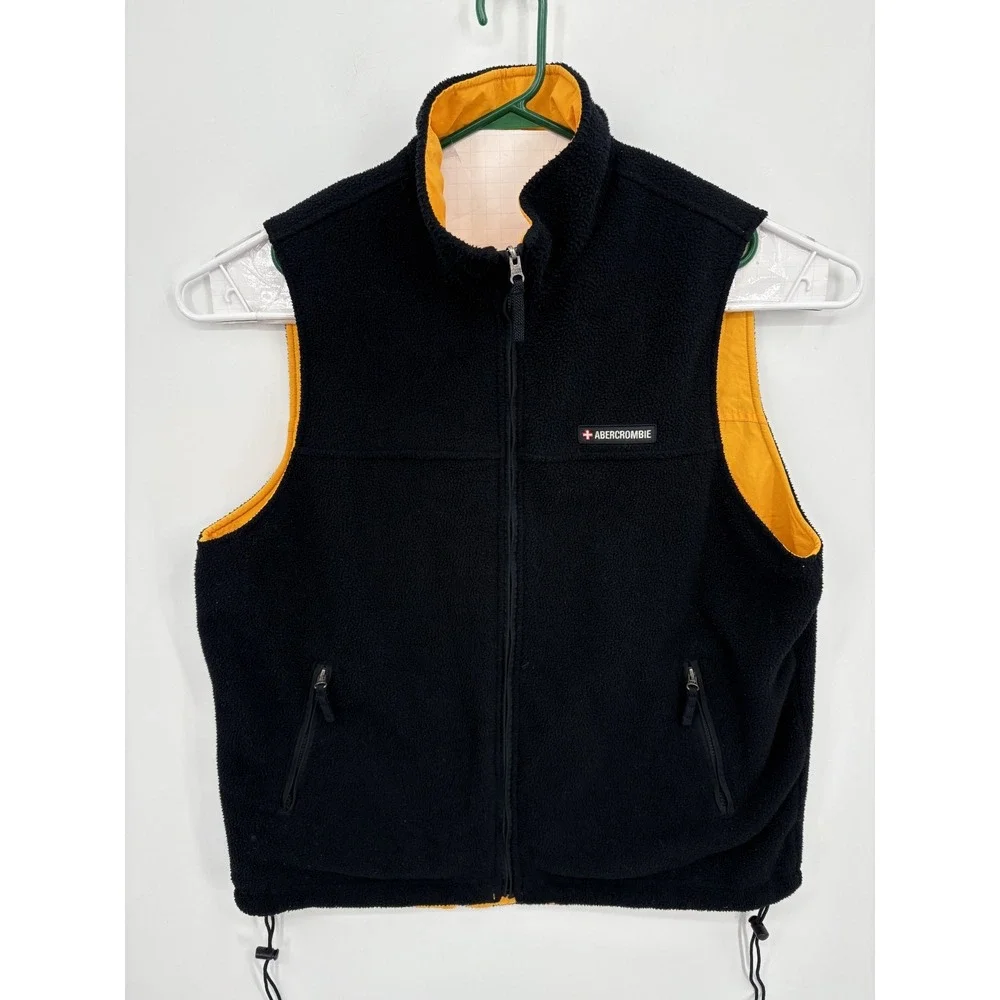 Abercrombie Fitch VTG Vest Men's Large Yellow Black Full Zip Reversible Fleece